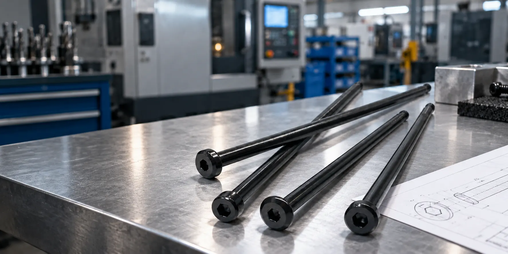 Custom long socket screws manufacturing background