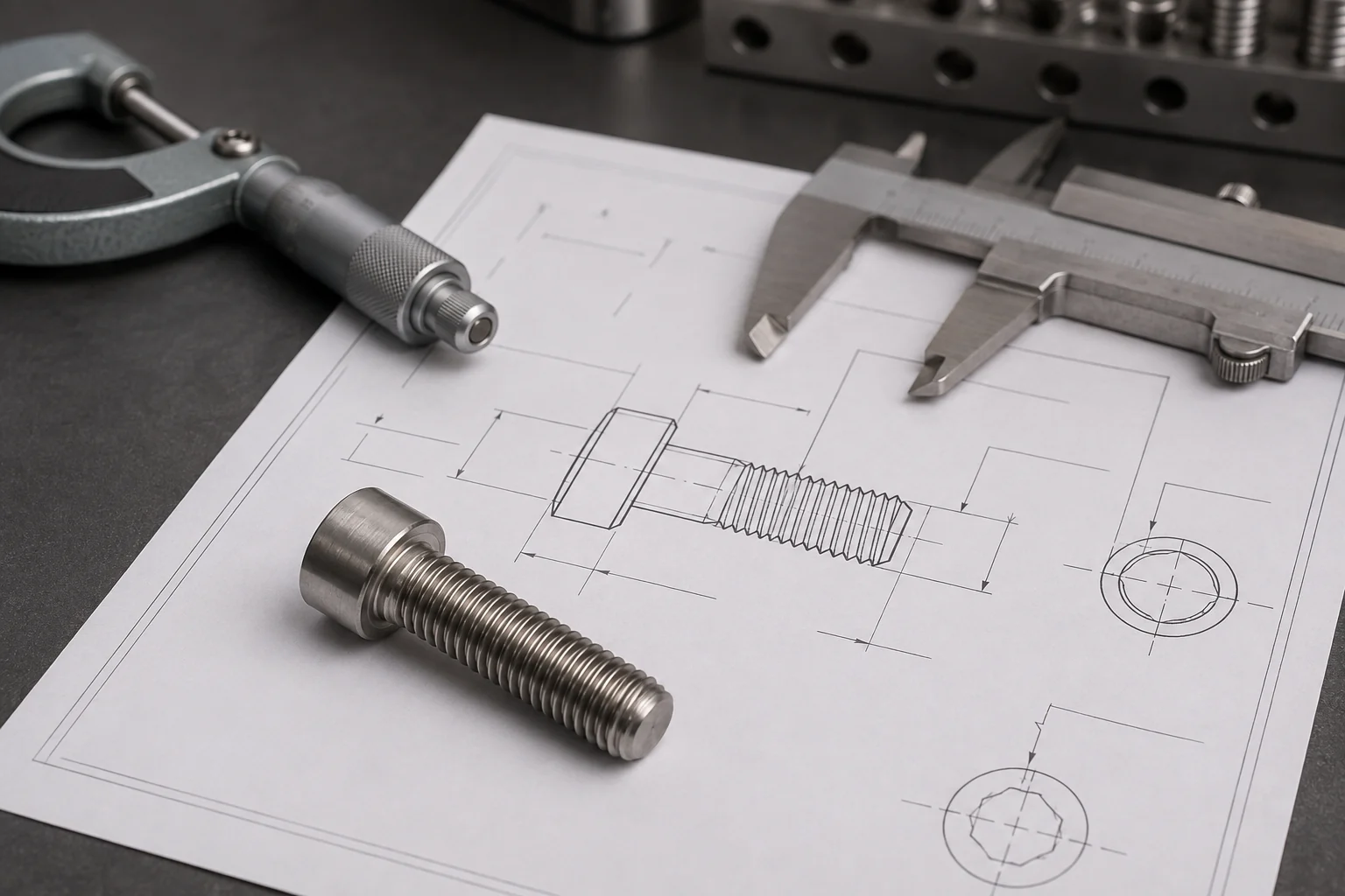 Comparing physical screw sample with technical drawing