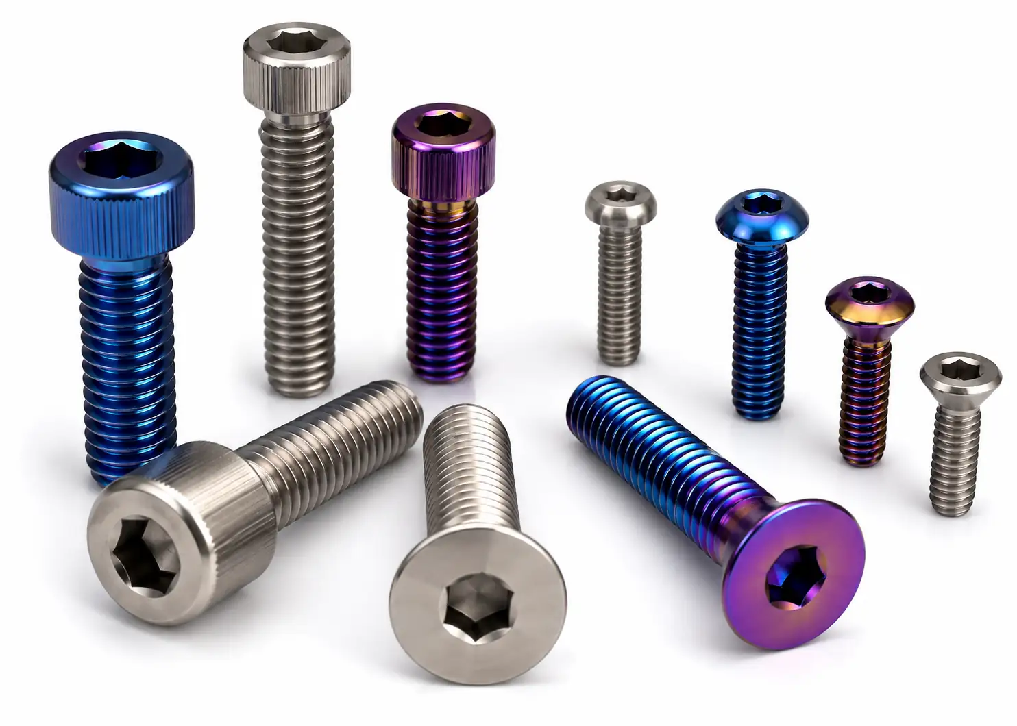 High-resolution assortment of custom titanium screws
